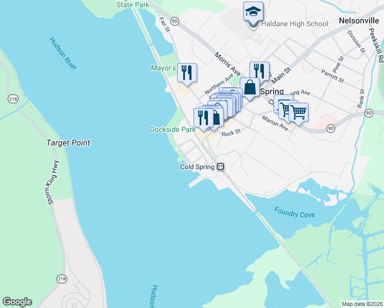 map of restaurants, bars, coffee shops, grocery stores, and more near 12 Main Street in Philipstown