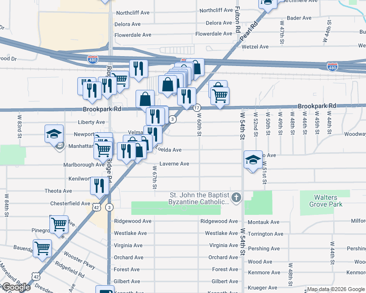 map of restaurants, bars, coffee shops, grocery stores, and more near 6210 Luelda Avenue in Parma