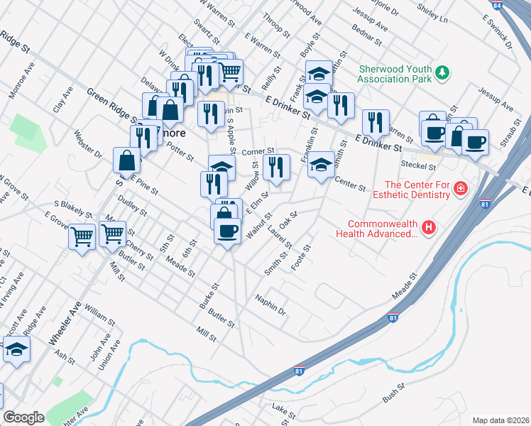 map of restaurants, bars, coffee shops, grocery stores, and more near 153 Walnut Street in Dunmore