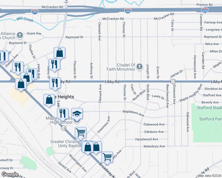 map of restaurants, bars, coffee shops, grocery stores, and more near 17362 Libby Road in Maple Heights