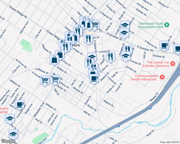 map of restaurants, bars, coffee shops, grocery stores, and more near 103 Willow Street in Dunmore