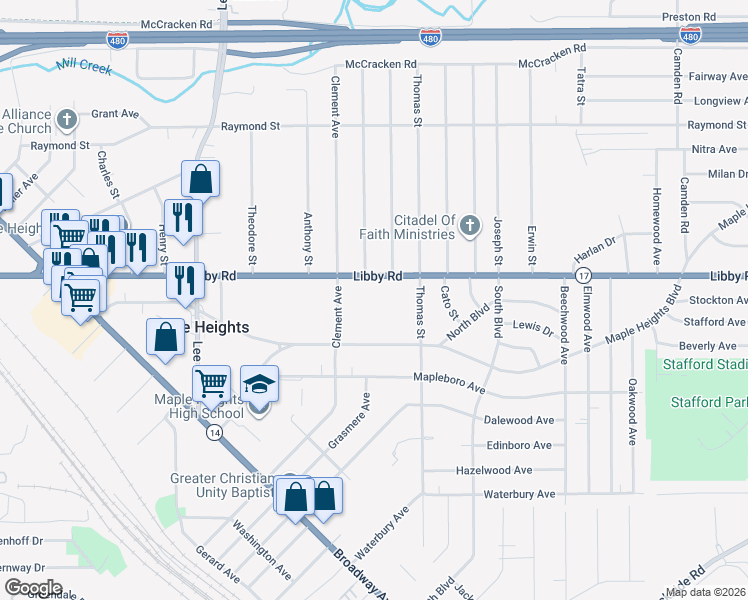 map of restaurants, bars, coffee shops, grocery stores, and more near 17362 Libby Road in Maple Heights
