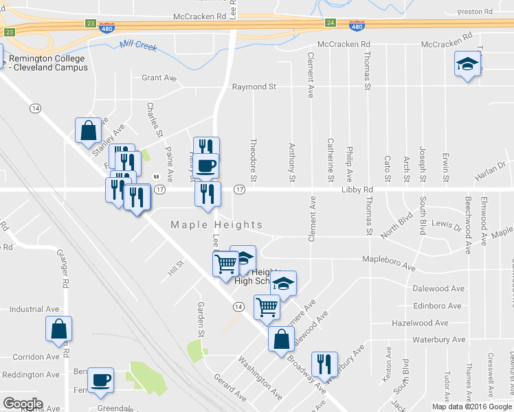 map of restaurants, bars, coffee shops, grocery stores, and more near 16670 Libby Road in Maple Heights
