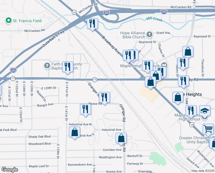 map of restaurants, bars, coffee shops, grocery stores, and more near 5293 Kohout Street in Maple Heights