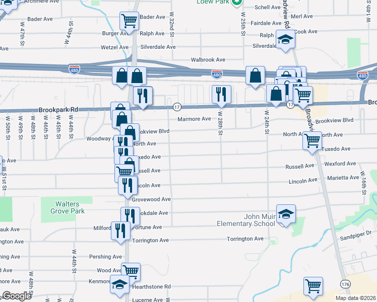 map of restaurants, bars, coffee shops, grocery stores, and more near 3011 North Avenue in Parma