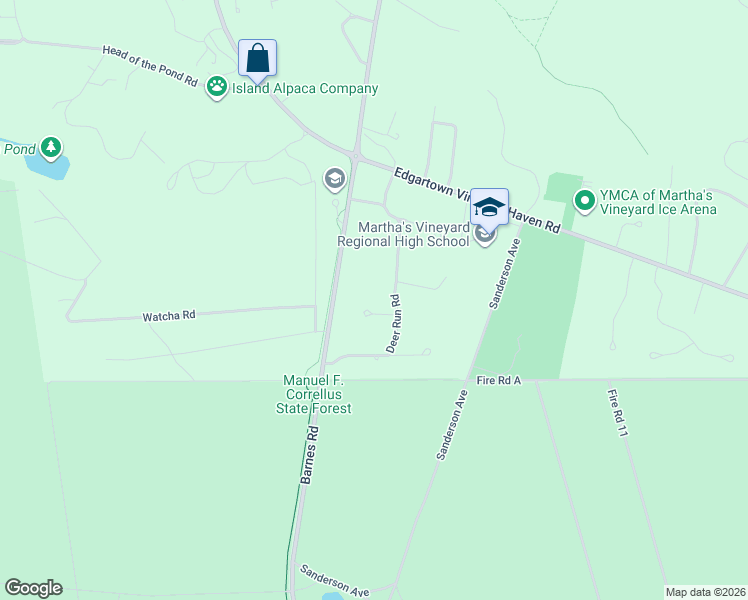 map of restaurants, bars, coffee shops, grocery stores, and more near 31 Deer Run Road South in Oak Bluffs