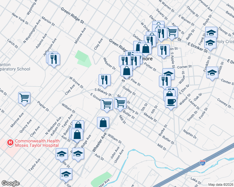 map of restaurants, bars, coffee shops, grocery stores, and more near 512-532 South Blakely Street in Dunmore