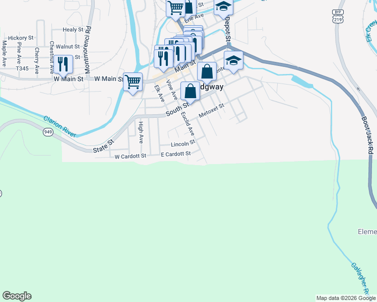 map of restaurants, bars, coffee shops, grocery stores, and more near 92 Lincoln Street in Ridgway