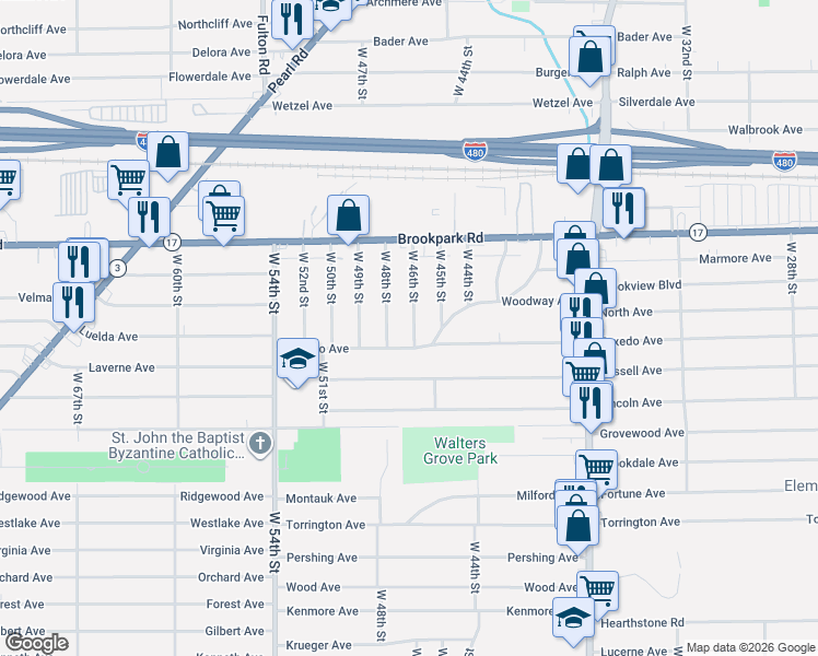 map of restaurants, bars, coffee shops, grocery stores, and more near 5283 West 46th Street in Parma