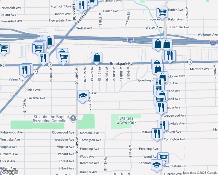 map of restaurants, bars, coffee shops, grocery stores, and more near 5280 West 48th Street in Parma