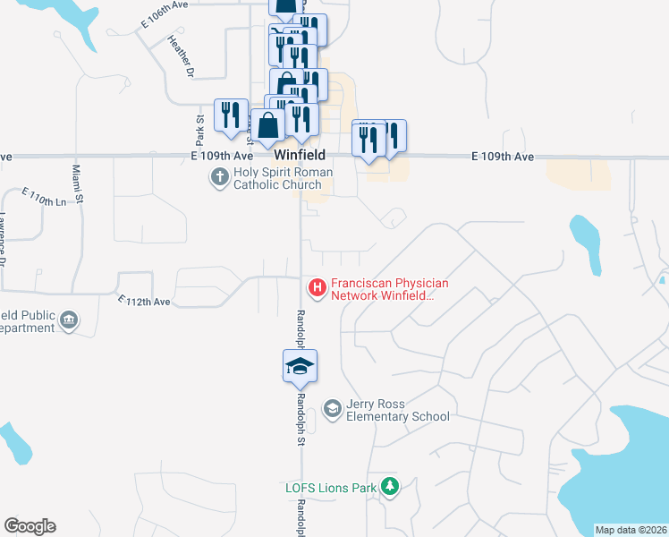 map of restaurants, bars, coffee shops, grocery stores, and more near 11001-11199 Briarcliff Court in Crown Point