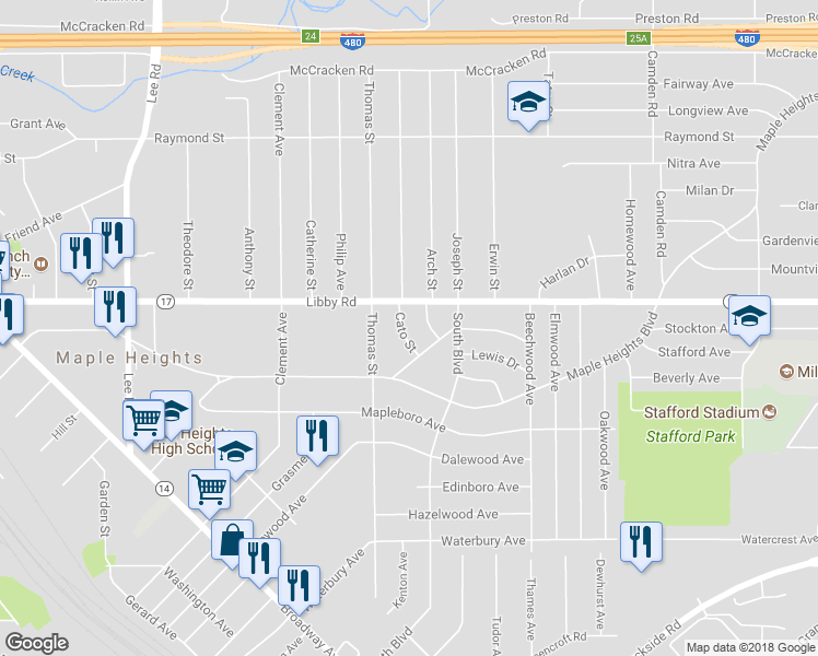 map of restaurants, bars, coffee shops, grocery stores, and more near 5323 Cato Street in Maple Heights
