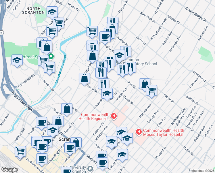 map of restaurants, bars, coffee shops, grocery stores, and more near 425 New Street in Scranton