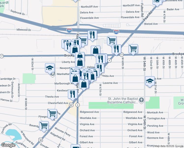 map of restaurants, bars, coffee shops, grocery stores, and more near 6902 Luelda Avenue in Parma