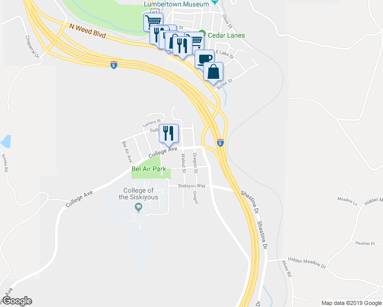map of restaurants, bars, coffee shops, grocery stores, and more near 427 Oregon St in Weed
