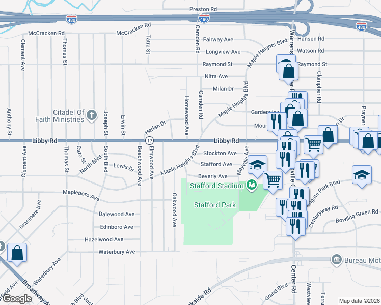 map of restaurants, bars, coffee shops, grocery stores, and more near 19123 Maple Heights Boulevard in Maple Heights