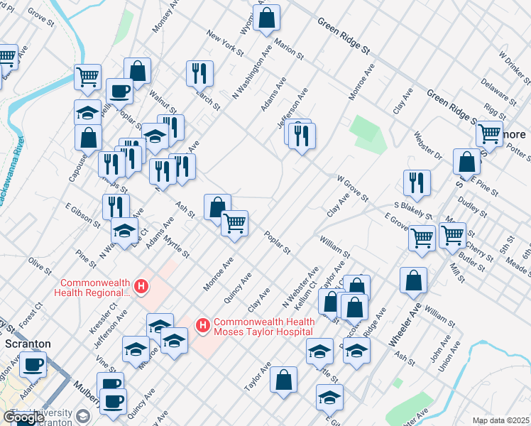map of restaurants, bars, coffee shops, grocery stores, and more near 1127 Monroe Ave in Dunmore