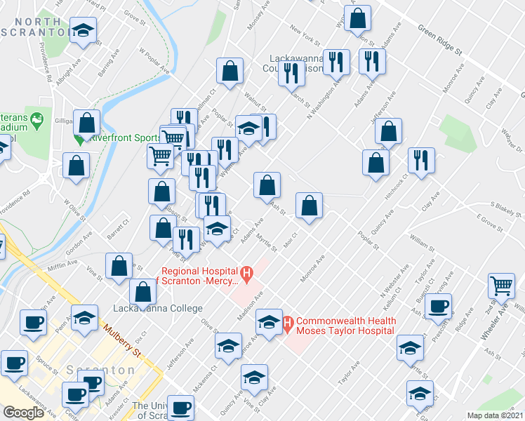 map of restaurants, bars, coffee shops, grocery stores, and more near 923 Adams Avenue in Scranton
