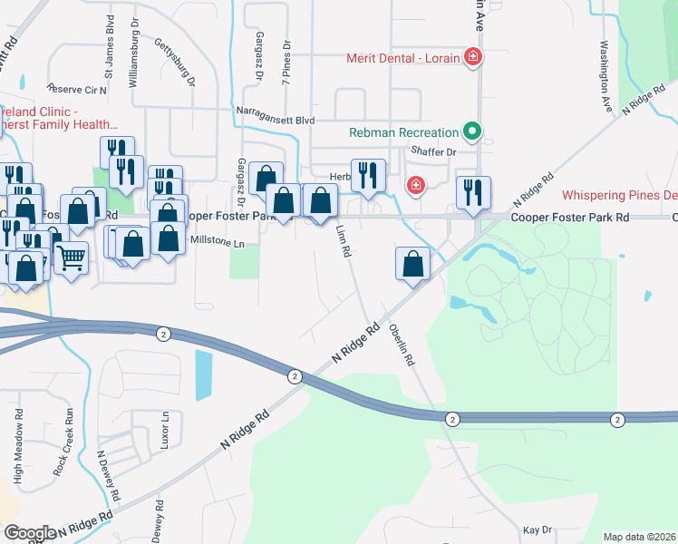 map of restaurants, bars, coffee shops, grocery stores, and more near 5536 Linn Road in Amherst