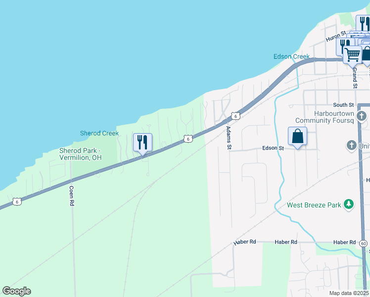 map of restaurants, bars, coffee shops, grocery stores, and more near 14006 West Lake Road in Vermilion