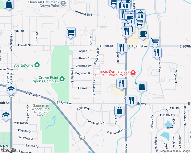 map of restaurants, bars, coffee shops, grocery stores, and more near 1801 Dogwood Court in Crown Point