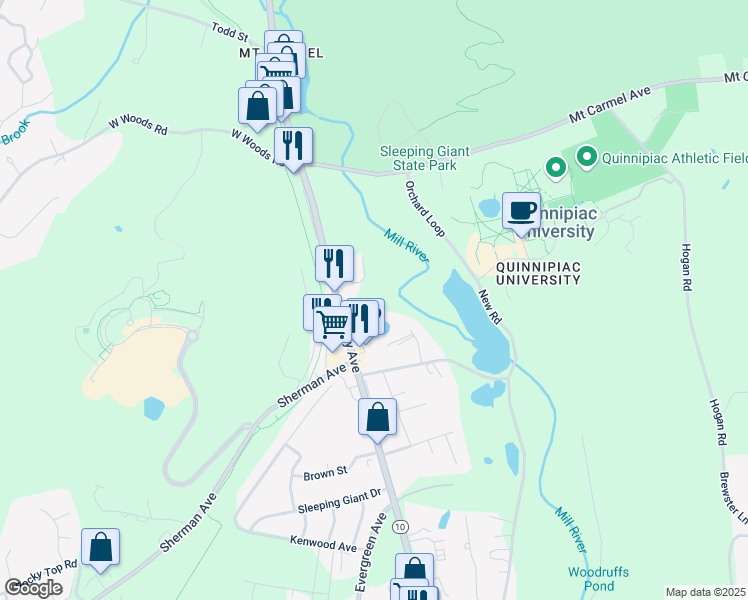 map of restaurants, bars, coffee shops, grocery stores, and more near 3345 Whitney Avenue in Hamden