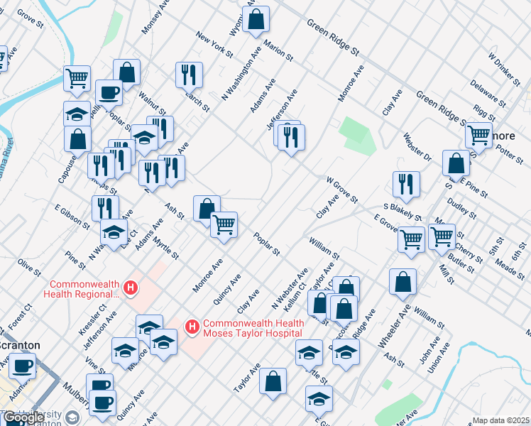 map of restaurants, bars, coffee shops, grocery stores, and more near 1127 Monroe Ave in Dunmore