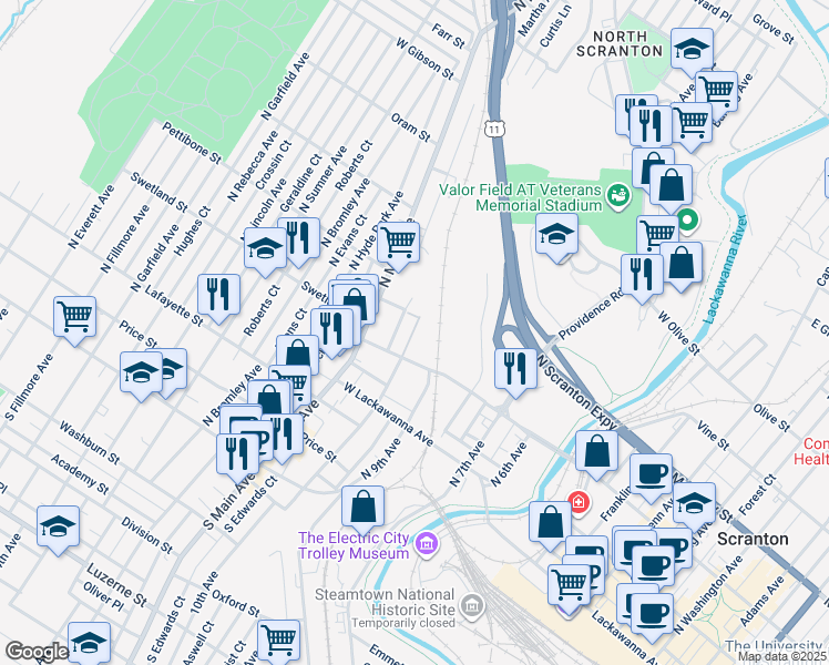 map of restaurants, bars, coffee shops, grocery stores, and more near 520 St Francis Cabrini Ave in Scranton