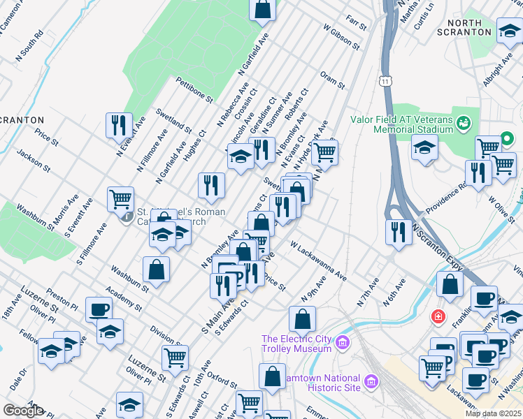 map of restaurants, bars, coffee shops, grocery stores, and more near 360 North Hyde Park Avenue in Scranton