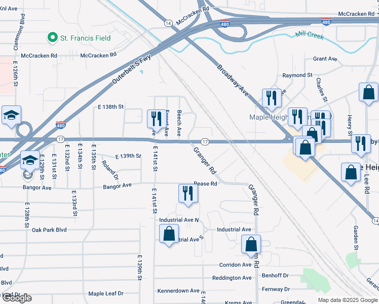map of restaurants, bars, coffee shops, grocery stores, and more near 14517 Granger Road in Maple Heights