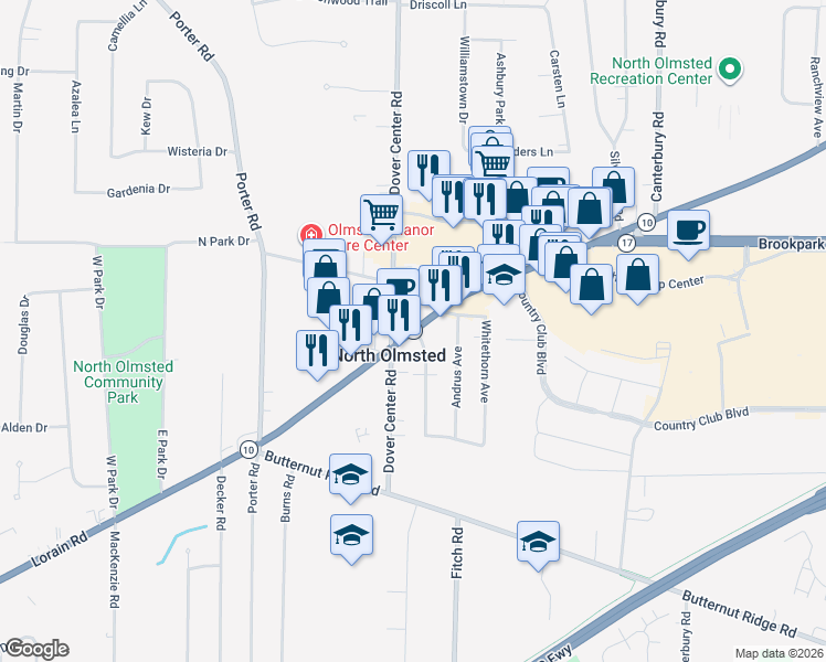 map of restaurants, bars, coffee shops, grocery stores, and more near 27100 Lorain Road in North Olmsted