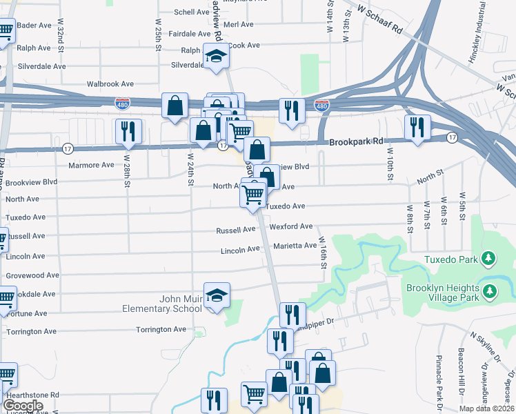 map of restaurants, bars, coffee shops, grocery stores, and more near Broadview Rd & Tuxedo Ave in Parma