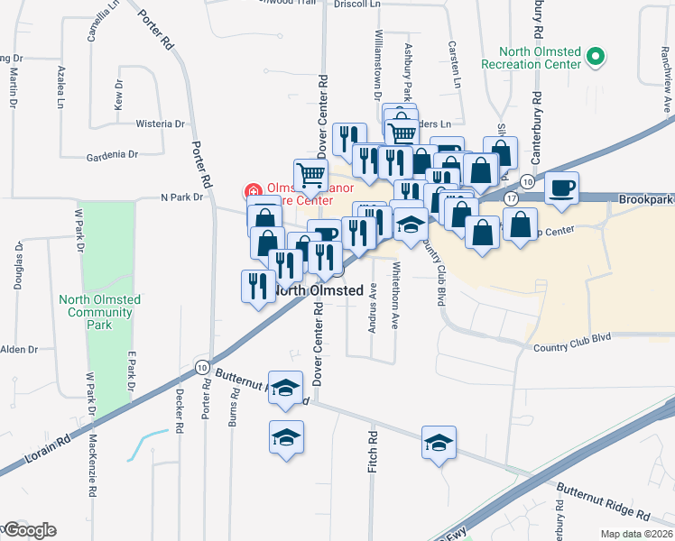 map of restaurants, bars, coffee shops, grocery stores, and more near 27100 Lorain Road in North Olmsted