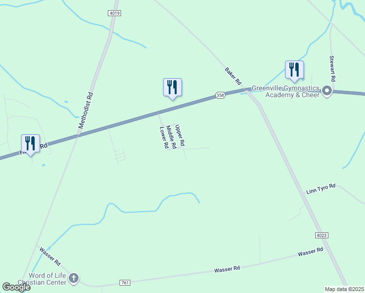 map of restaurants, bars, coffee shops, grocery stores, and more near 345 Upper Road in Greenville