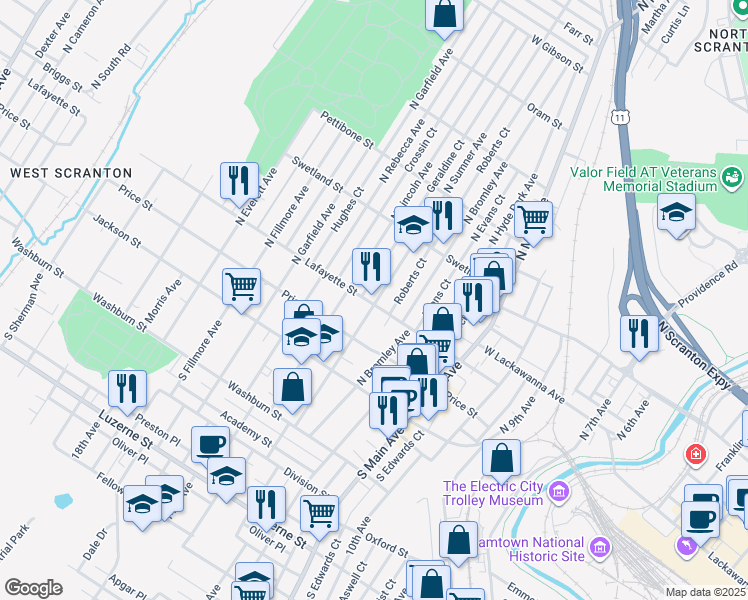 map of restaurants, bars, coffee shops, grocery stores, and more near 316 North Sumner Avenue in Scranton