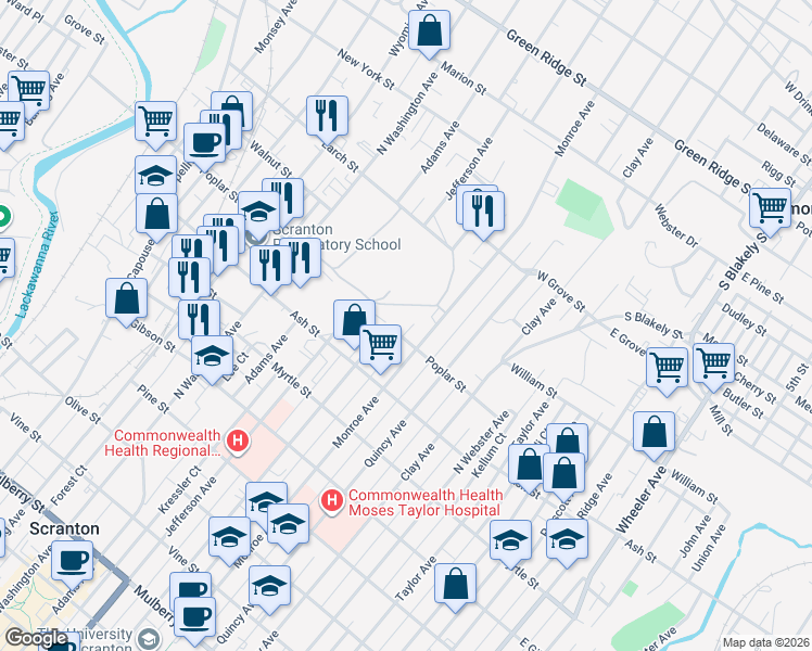 map of restaurants, bars, coffee shops, grocery stores, and more near 807 Poplar St in Dunmore