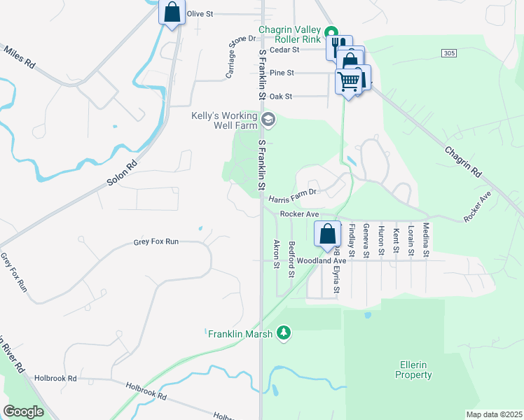 map of restaurants, bars, coffee shops, grocery stores, and more near Franklin Road in Chagrin Falls