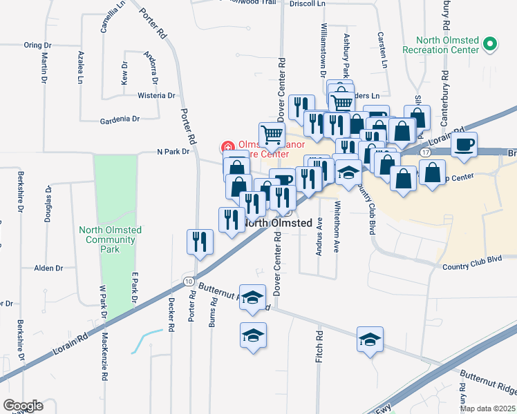 map of restaurants, bars, coffee shops, grocery stores, and more near 27264 Lorain Road in North Olmsted