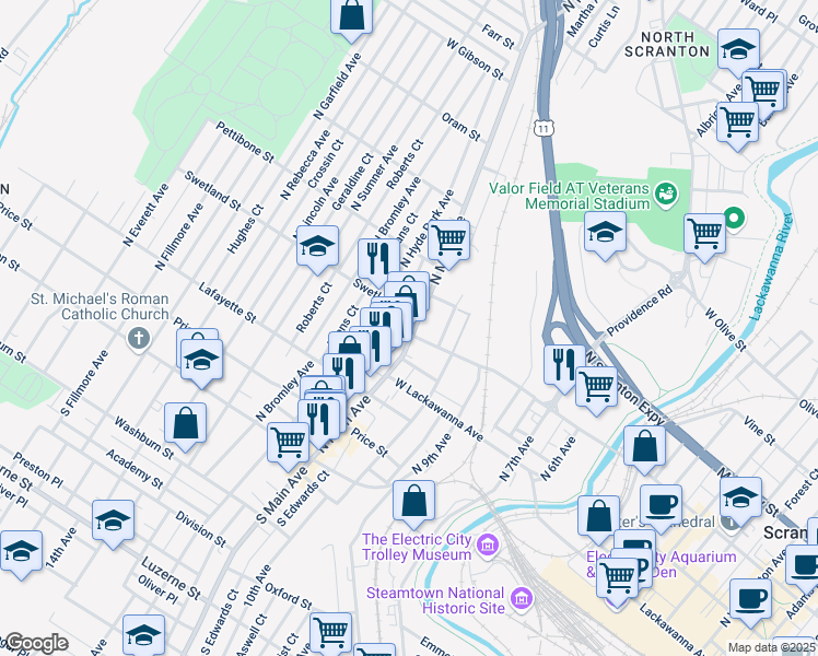 map of restaurants, bars, coffee shops, grocery stores, and more near 1105 Swetland Street in Scranton