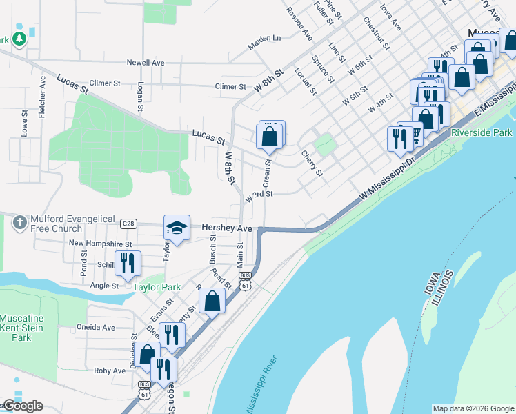 map of restaurants, bars, coffee shops, grocery stores, and more near 322 Green Street in Muscatine