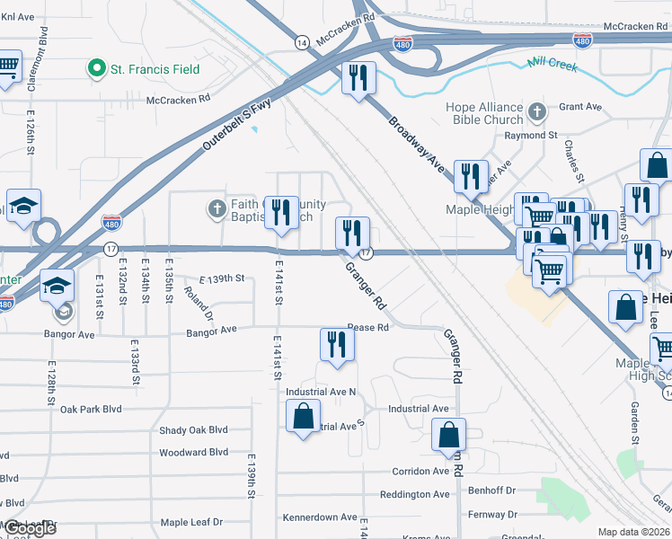 map of restaurants, bars, coffee shops, grocery stores, and more near 14517 Granger Road in Maple Heights