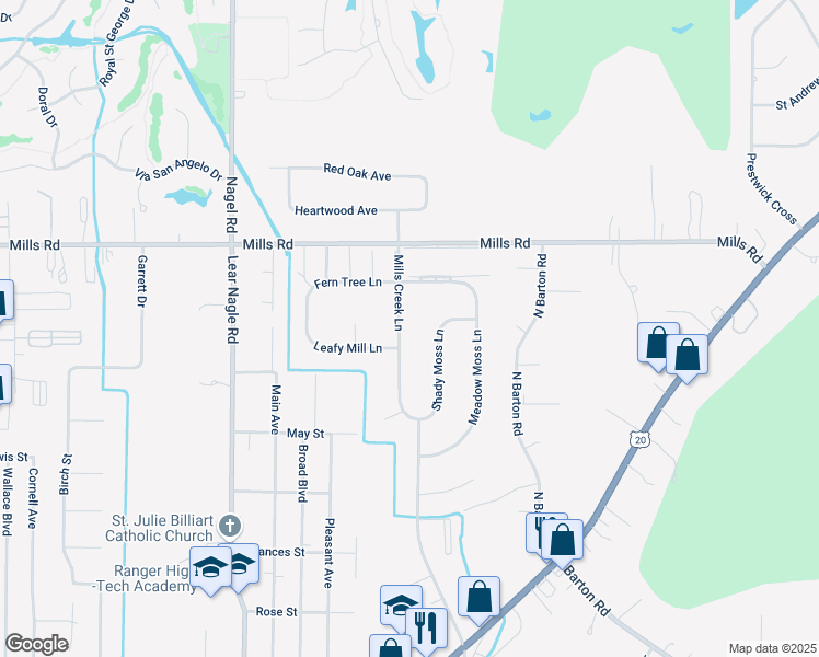 map of restaurants, bars, coffee shops, grocery stores, and more near 4957 Mills Creek Lane in North Ridgeville