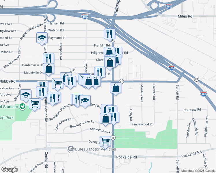 map of restaurants, bars, coffee shops, grocery stores, and more near 21800 Libby Road in Maple Heights