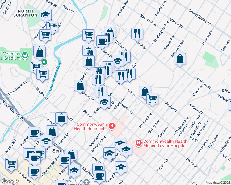 map of restaurants, bars, coffee shops, grocery stores, and more near 916 N Washington Ave in Scranton