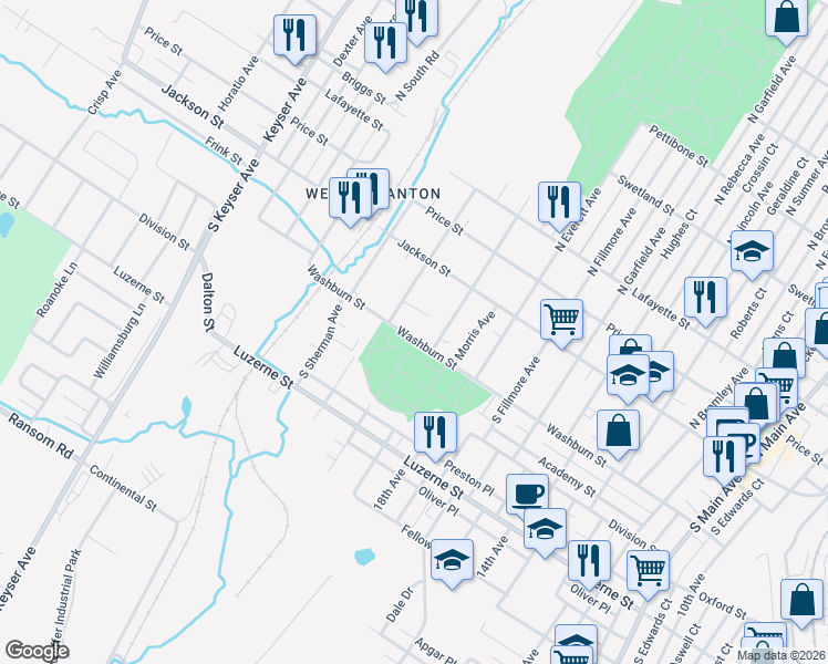 map of restaurants, bars, coffee shops, grocery stores, and more near 2202 Washburn Street in Scranton