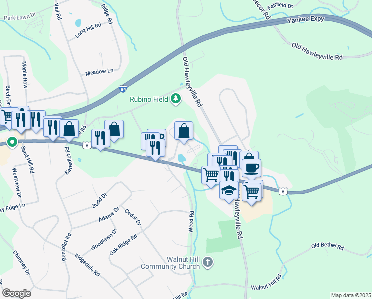 map of restaurants, bars, coffee shops, grocery stores, and more near 48 Stony Hill Road in Bethel