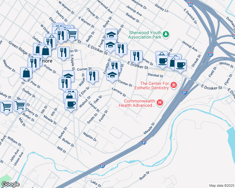 map of restaurants, bars, coffee shops, grocery stores, and more near 303 Smith Street in Dunmore