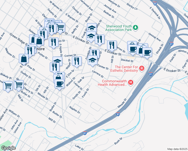 map of restaurants, bars, coffee shops, grocery stores, and more near 303 Smith Street in Dunmore
