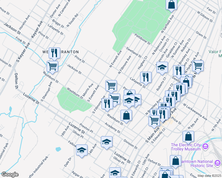 map of restaurants, bars, coffee shops, grocery stores, and more near 118 North Fillmore Avenue in Scranton