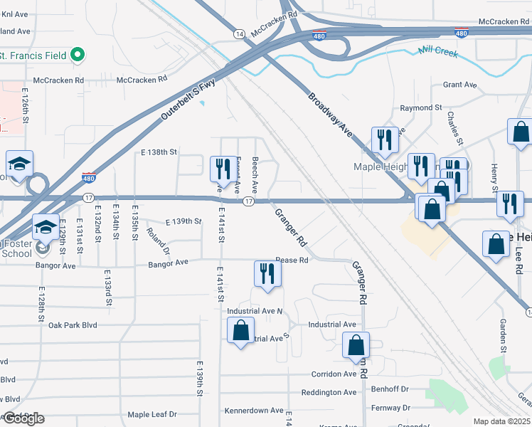 map of restaurants, bars, coffee shops, grocery stores, and more near 14517 Granger Road in Maple Heights